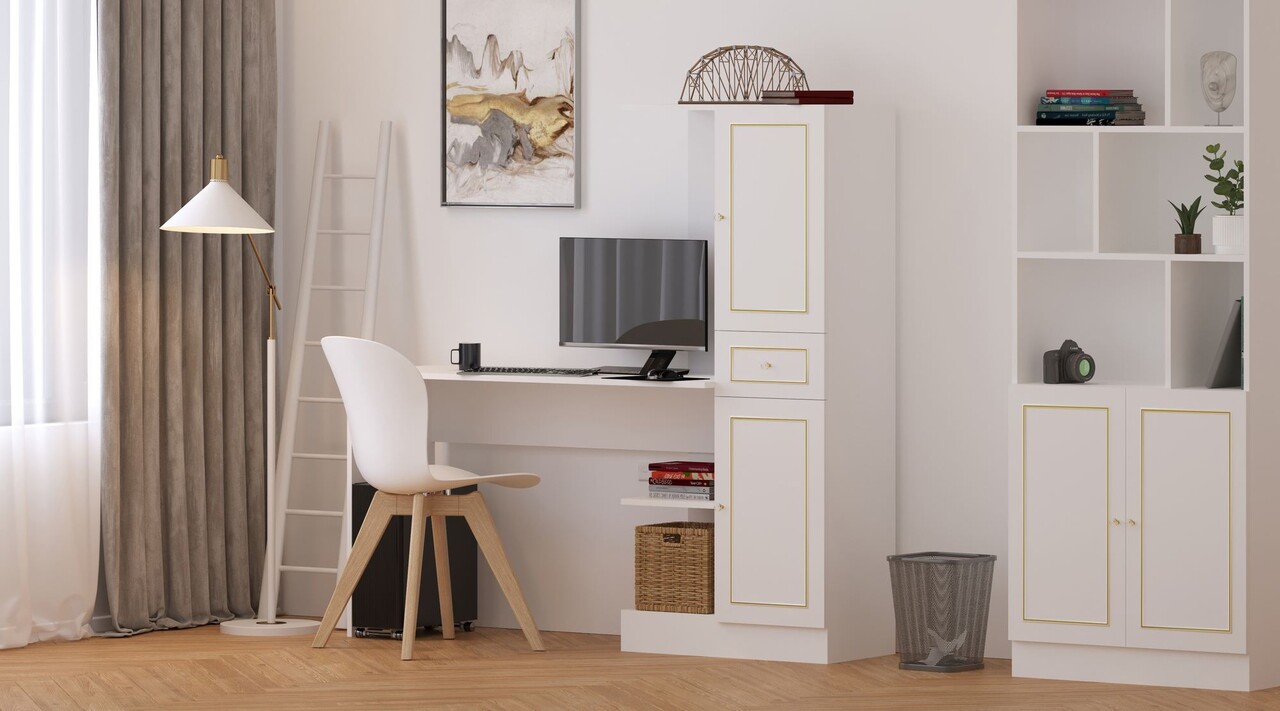 Set birou si biblioteca, Hanah Home, Rb-087, 120x75x40 cm, Alb mat - imagine 6